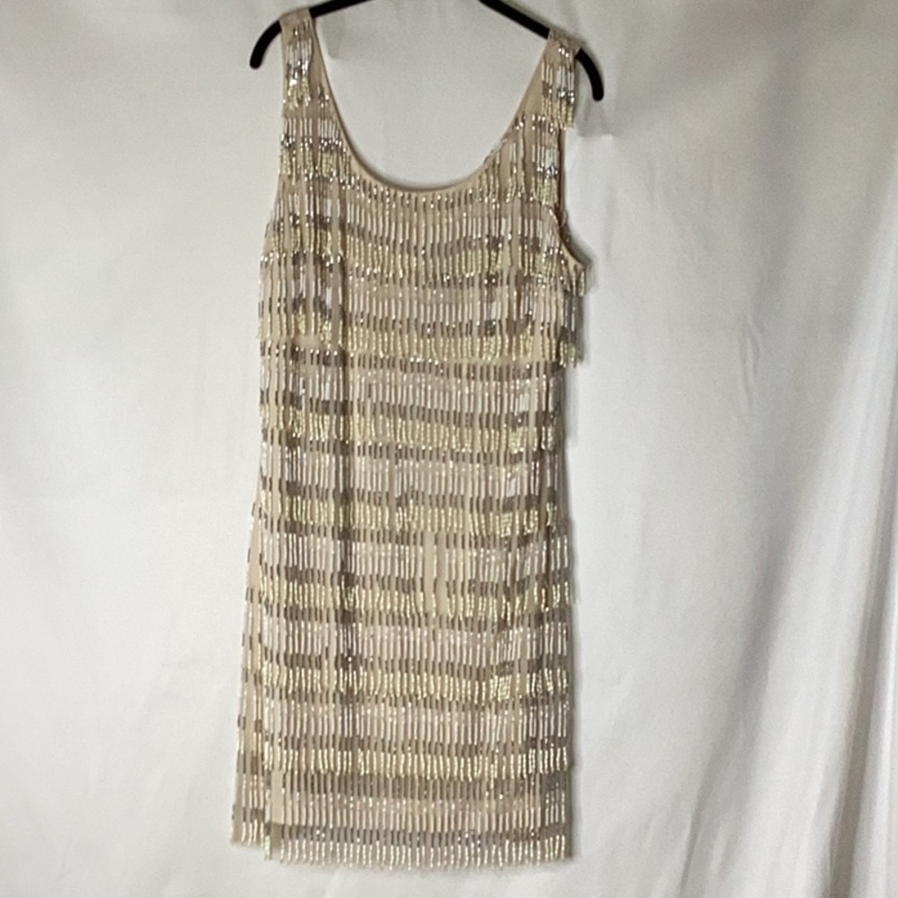 Beaded Modern Eggshell Color Sheath Cocktail Party Fringe short dress in size 18
